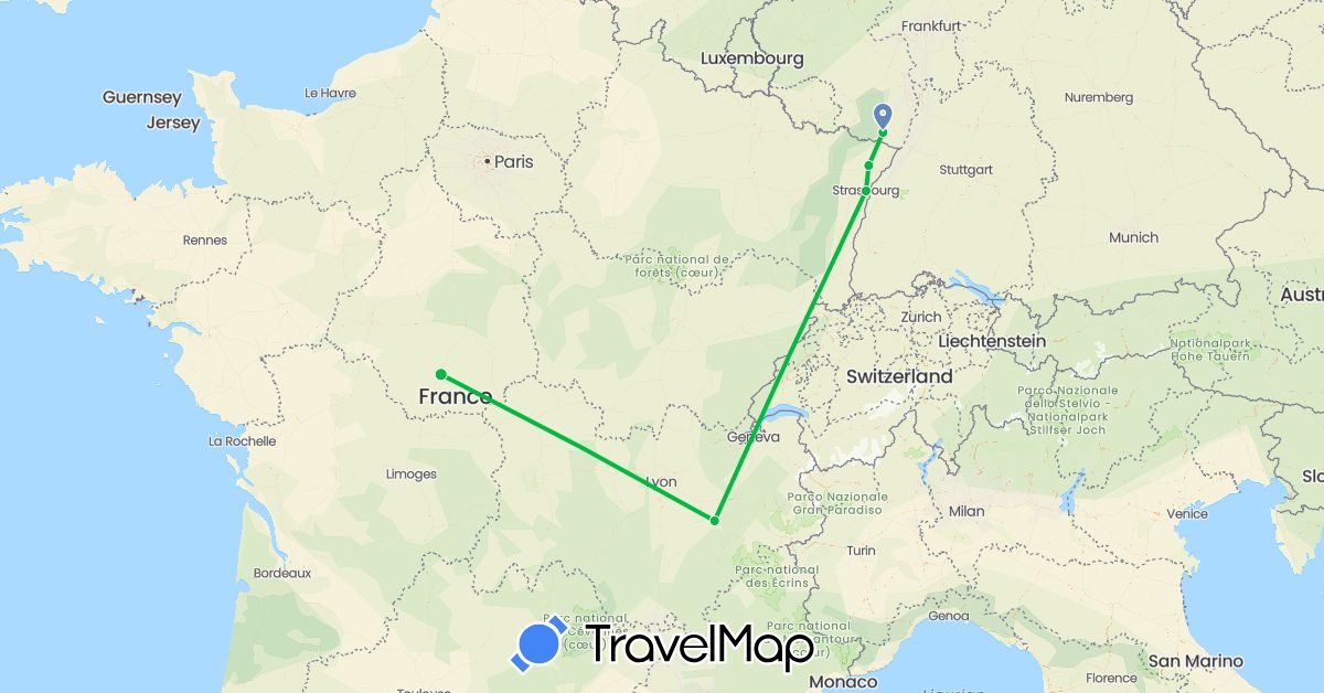 TravelMap itinerary: bus, cycling in Germany, France (Europe)