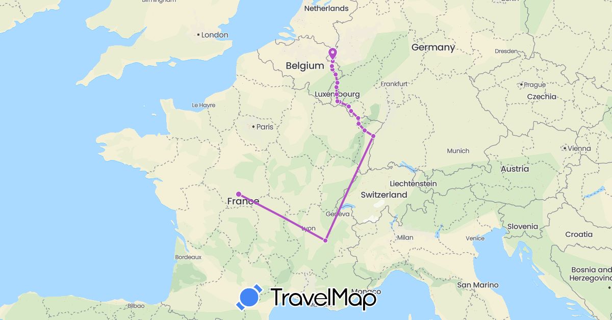 TravelMap itinerary: train in Belgium, Germany, France, Luxembourg, Netherlands (Europe)