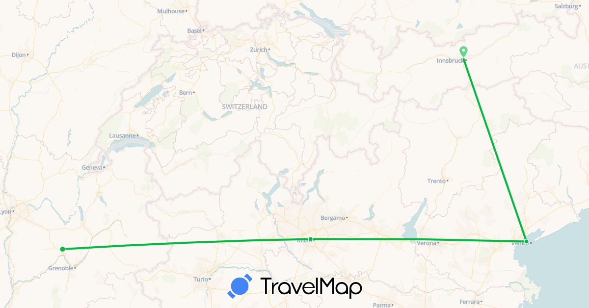 TravelMap itinerary: bus, train in Austria, France, Italy (Europe)